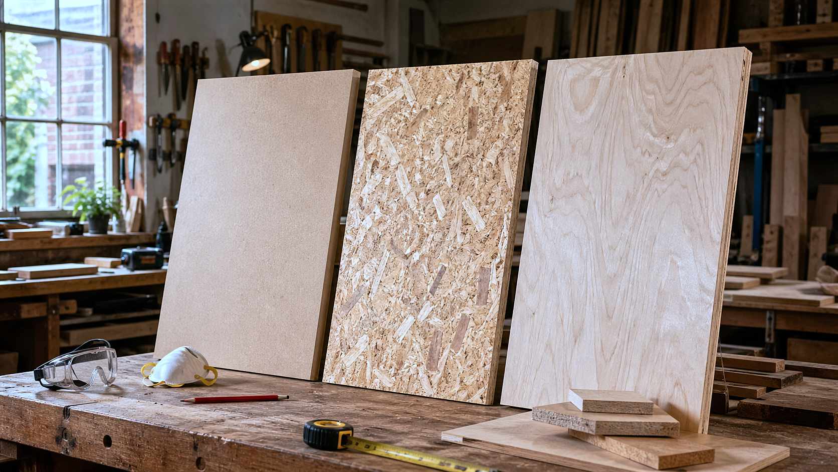 MDF, OSB and plywood sheets displayed side by side on a workbench in a British joinery workshop