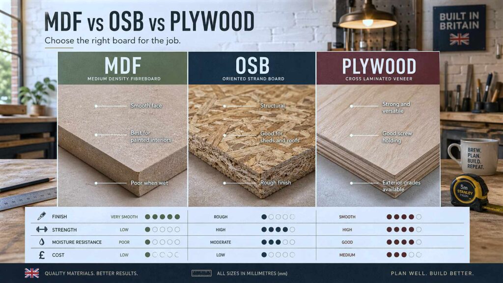 Visual comparison of MDF, OSB and plywood showing finish, strength, moisture resistance and cost
