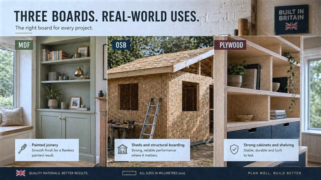 MDF used for painted joinery, OSB for shed construction and plywood for strong shelving and cabinets

