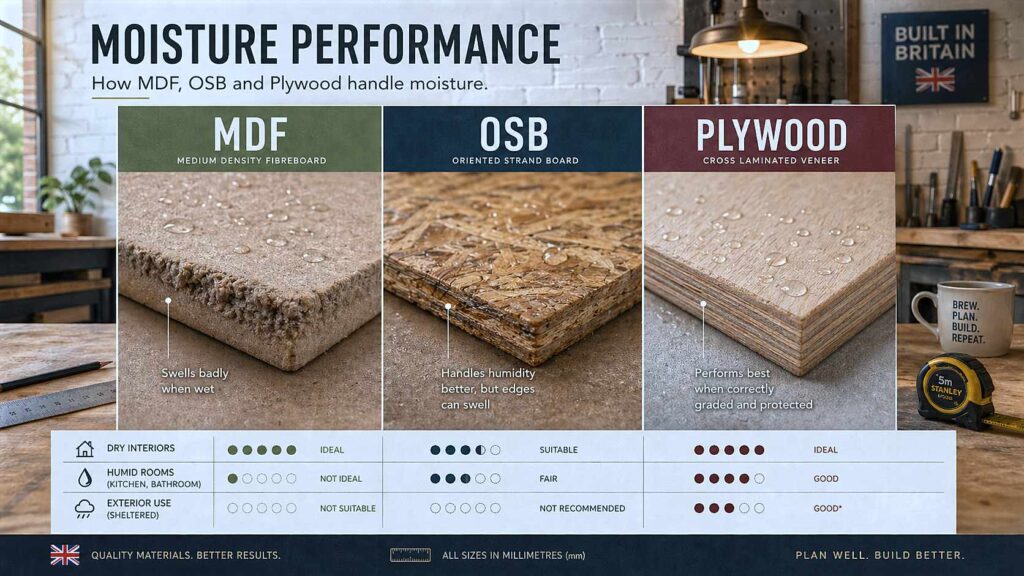 MDF, OSB and plywood samples compared for moisture performance, swelling and protected exterior use