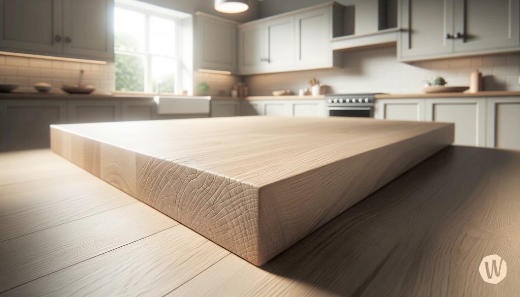 Wide product photo of oak worktops displayed against a neutral backdrop. The grains and texture of the oak are clearly visible, showcasing its natural beauty. The lighting is soft yet highlights the wood's details, embodying a professional British residential theme.